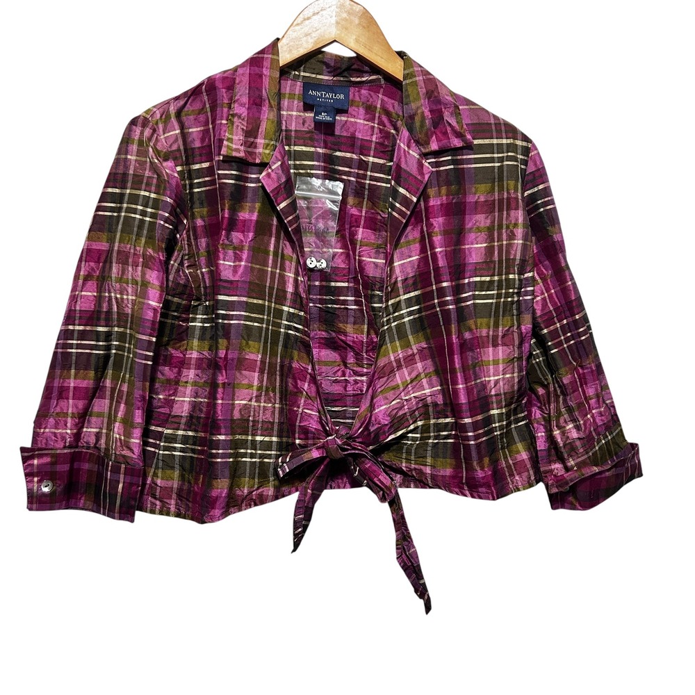Ann Taylor Silk Button Tie‎ Front Plaid Top 6P Crop Blouse Quiet Luxury Glam